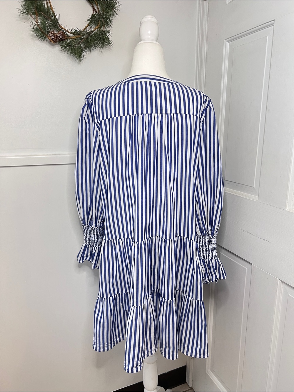 Pomander Place Kenzo Blue and White Stripe Cotton Poplin Tiered Mini Dress - Picture 7 of 13